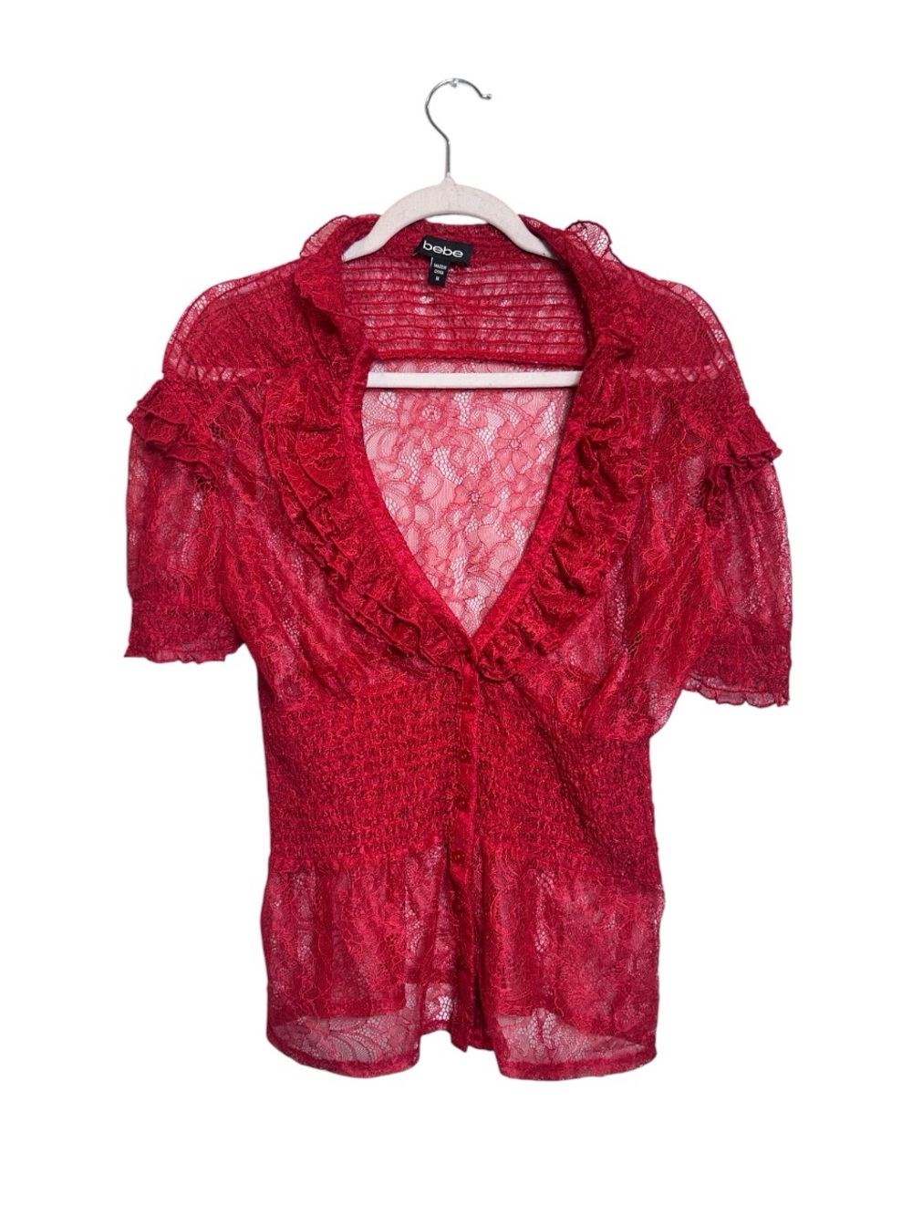 bebe Red Lace Ruffle V-Neck Blouse